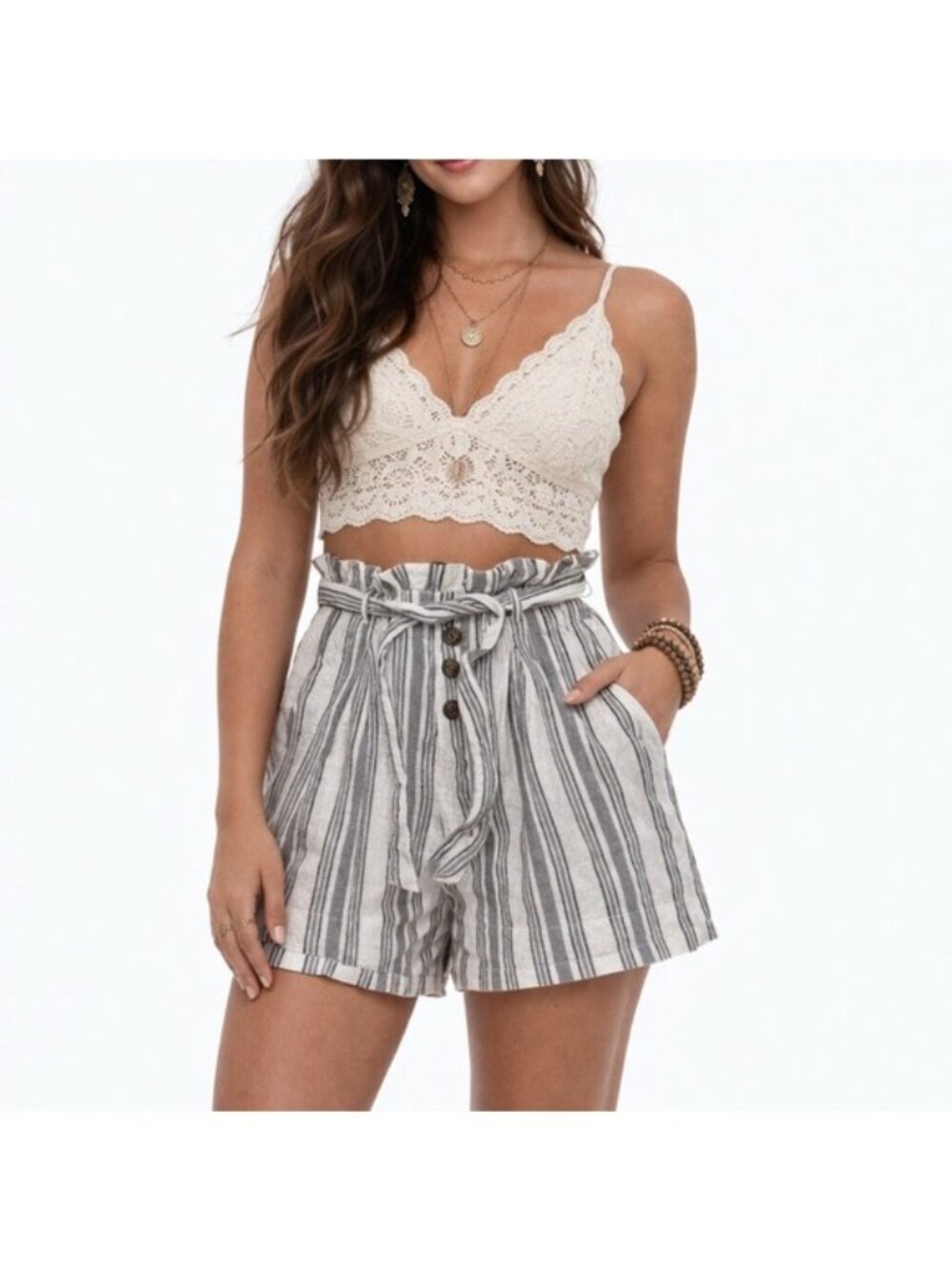 American Eagle  Womens Shorts Sz S Striped Tie Waist Paperbag Shorts boho